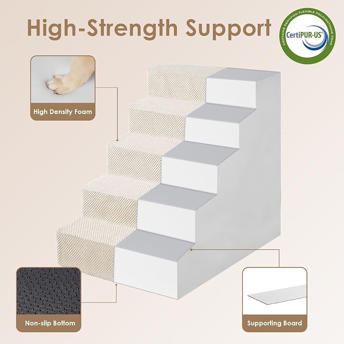 EHEYCIGA Dog Stairs for High Bed 25" H, Extra Wide Dog 5-Step, Beige | Pet Steps for Small Dogs and Cats for Bed, Non-Slip Balanced Pet Ramp Indoor