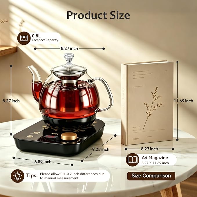 HHT Electric Tea Maker with Infuser, ±1℉ Precise Temperature Control, Glass Electric Kettle for Herbal,Flowers,Fruit Tea and Loose Leaf,BPA-Free,Auto Shut-Off,Brewing Program,Keep Warm,0.8L Black