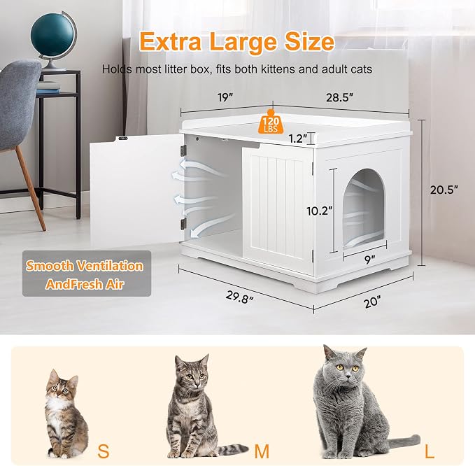 Pet Republic Hidden Cat Litter Box Enclosure Cat Litter Box Furniture Washroom House Table Nightstand (White)