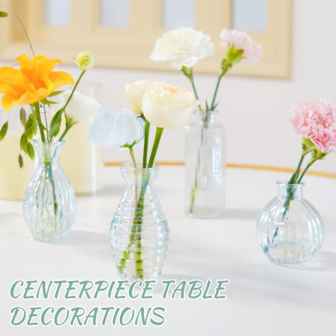 Bud Vases Set of 12, Iridescent Glass Vase for Decor Centerpieces | Small Vases for Flowers, Clear Irised Flower Vase Ribbed Modern Bud Vases Colorful Vases for Wedding Party Table Decoration