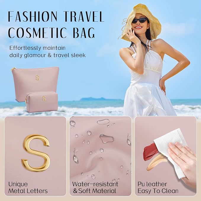 Women Gifts | Initial Makeup Bag for Girl Personalized Gifts for Bridesmaid Friend PU Leather Cosmetic Travel Toiletry Bag(Pink,S)