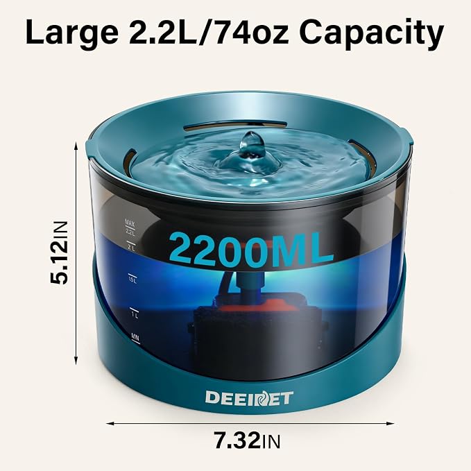 DEEIPET Cat Water Fountain, 74oz/2.2L Ultra Quiet Automatic Water Dispenser for Cats Dogs with Colorful LED Indicator, Water Bowl for Pets with Filter