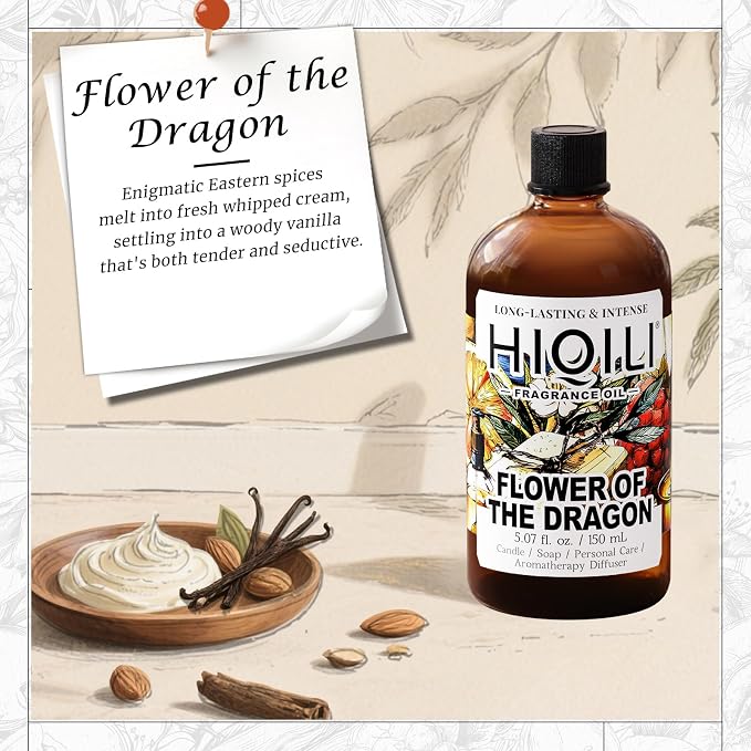 HIQILI Flower of The Dragon Fragrance Oil for Diffuser, Candle & Soap | Inspired by Td.Orient Fiore-deDrago, Vanilla Cream Scent, Ideal for Perfume & Linen Spray Making - 5.07 fl oz