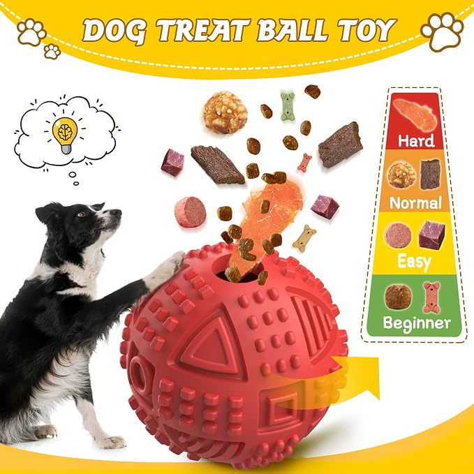 Dog Balls Treat Dispensing Dog Toys for Aggressive Chewers Large Breed-Red | Nearly Indestructible Squeaky Puppy Chew Toys for LargeBreeds, Natural Rubber Doggie Puzzle Toys, Pet Treat Ball