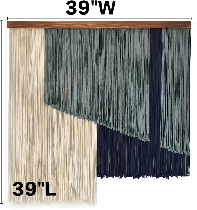 Jakalin Macrame Wall Hanging Boho Yarn Tassel Blue Modern Decor 39"x39" | Hand-dyed navy ombre, Wood dowel, Fringe tassels, Wall decor for living room, bedroom, apartment，Handmade yarn fiber deocr