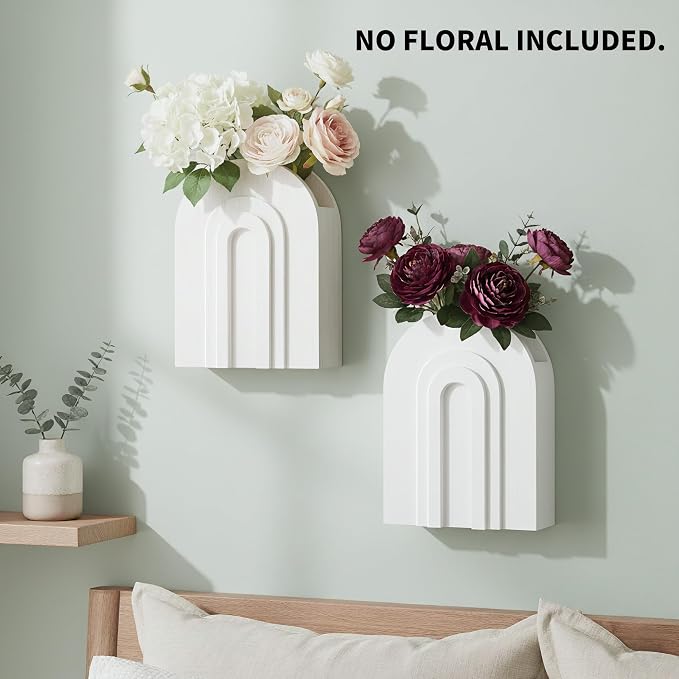 2 Pack White Wooden Wall Vase for Pampas Grass and Dried Flowers | Wall vases for faux flowers and greenery; boho bathroom wall decor for hallway, entryway, bedroom or living room