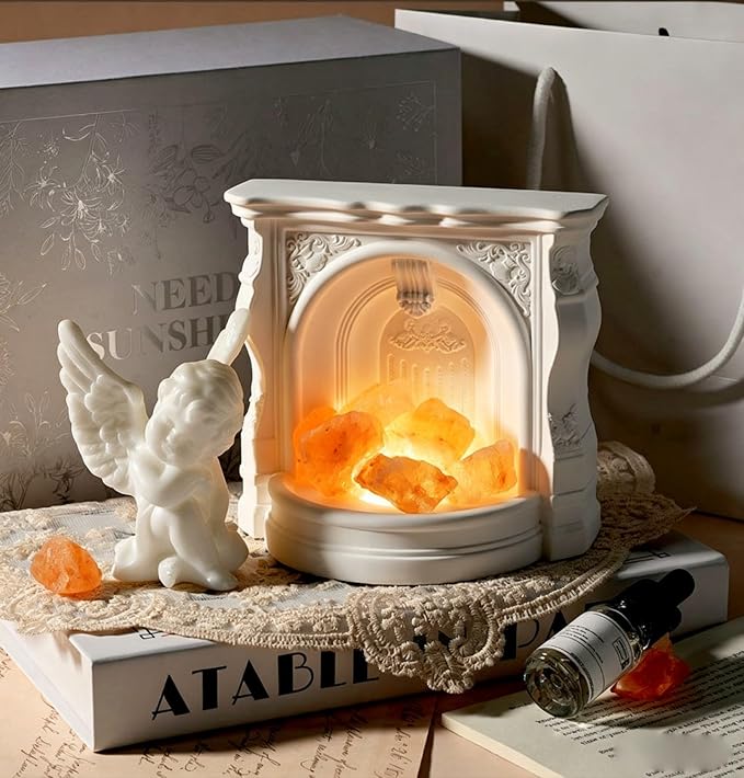 Angel Aroma Diffuser Set with Himalayan Salt & Fireplace Light, Passive Essential Oil Diffuser with White Tea Oil, Home Fragrance Decor for Bedroom, Bathroom, Office, Gift for Women