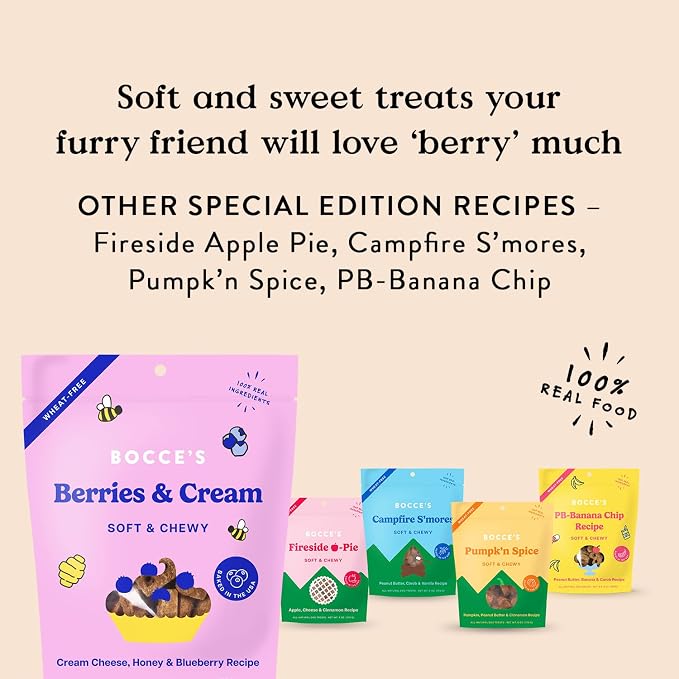 Bocce's Bakery 'Berries & Cream Flavor Soft & Chewy Dog Treats, 6 oz | Oven Baked, Wheat-Free Everyday Dog Treat Cookies - Made with Real, Limited Ingredients and Baked in The USA