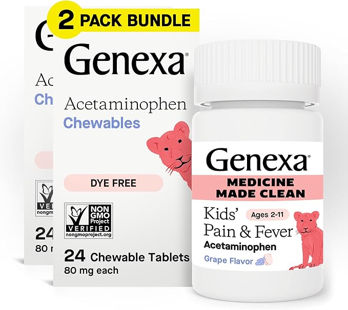 Genexa Kids’ Clean Pain & Fever Acetaminophen Chewables, Dye Free, 0% Artificial Additives, Delicious Grape Flavor, Chewable Medicine for Children 2-11, 80 mg per Tablet, 48ct (2 Pack)