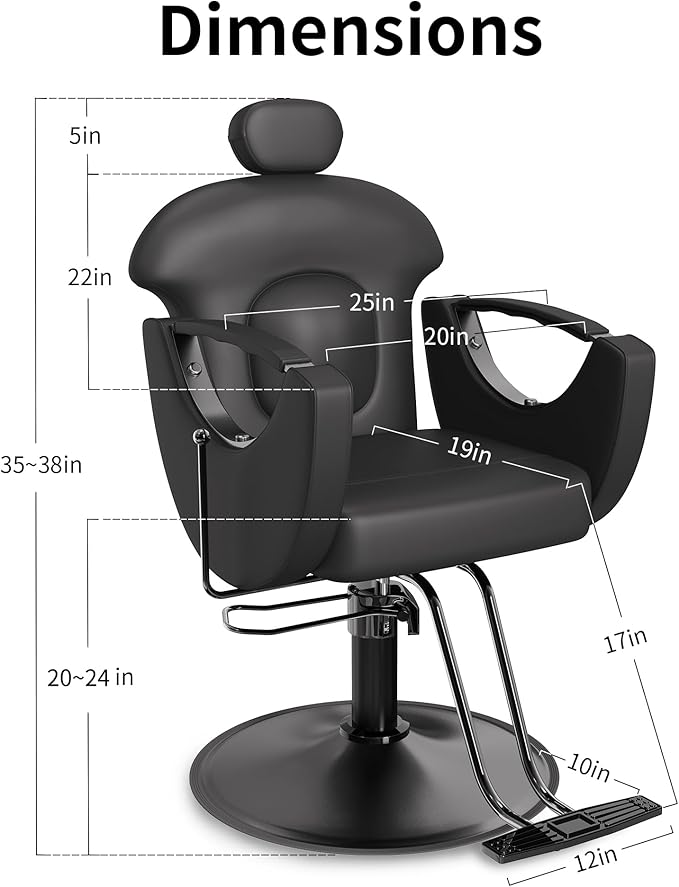 Baasha Ergonomic Reclining Salon Chair with Adjustable & Removable Headrest, All Black Hydraulic Styling Chair, Soft PU Leather, 135° Recline, 360° Swivel, Heavy-Duty Steel Frame, 330 lbs Capacity