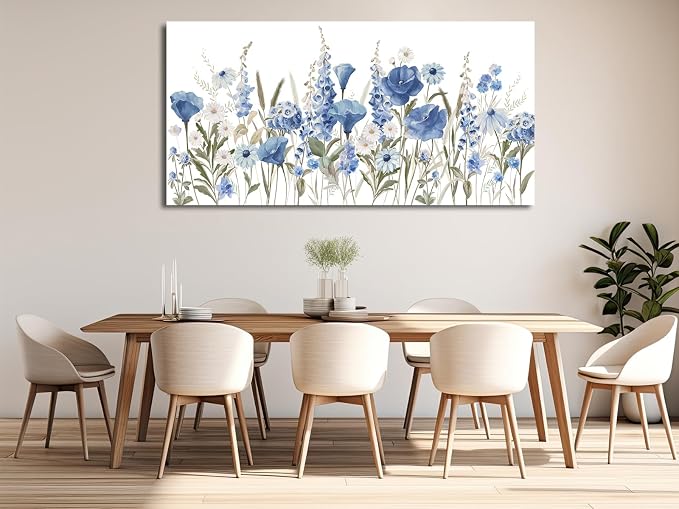 arteWOODS Elegant Flowers Wall Art - Blue White Botanical Pictures for Wall Decor Floral Blossom Canvas Painting Print Artwork for Living Room Bedroom Home Office Wall Decoration 29" x 58"