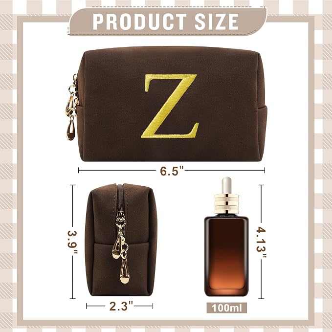Personalized Initial Makeup Bag,Preppy Suede Cosmetic Bag for Teen Girls,Small Monogram Travel Toiletry Bag With Gold Embroidered Letter,Trendy Stuff Custom Christmas Gift for Women(Coffee-Z)