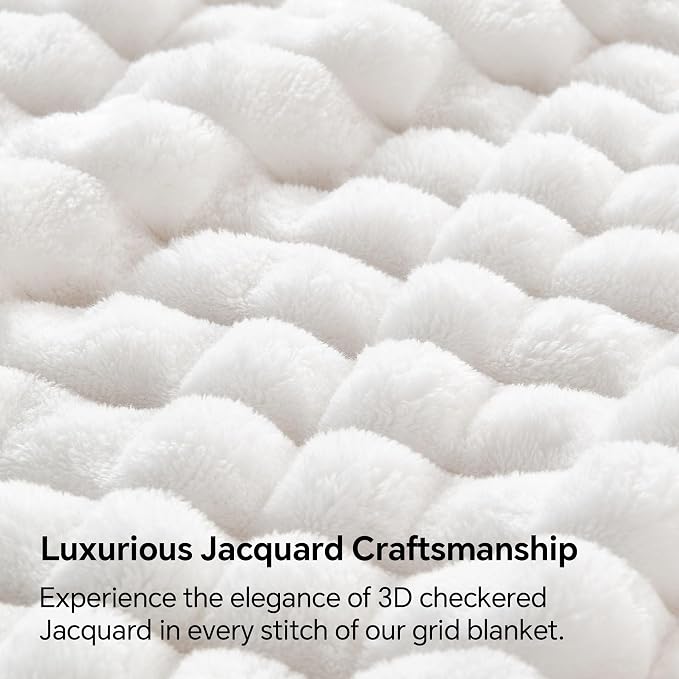 BEDELITE 3D Checked White Fleece Twin Throw Blanket for Bed, 60x80 Inch | Soft Warm Fuzzy Fluffy Blanket for Couch Sofa, Lightweight Plush Cozy Throws for Home Room Decor, Gift for Women, All Season