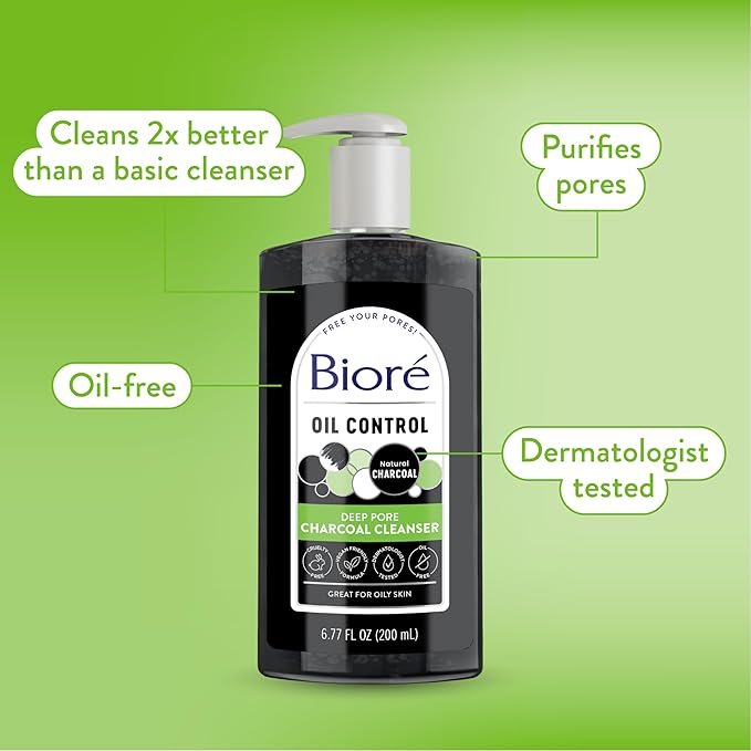 Biore Deep Pore Charcoal Face Wash, Daily Facial Cleanser for Dirt & Makeup Removal, for Oily Skin, 6.77 Oz, Pack of 12