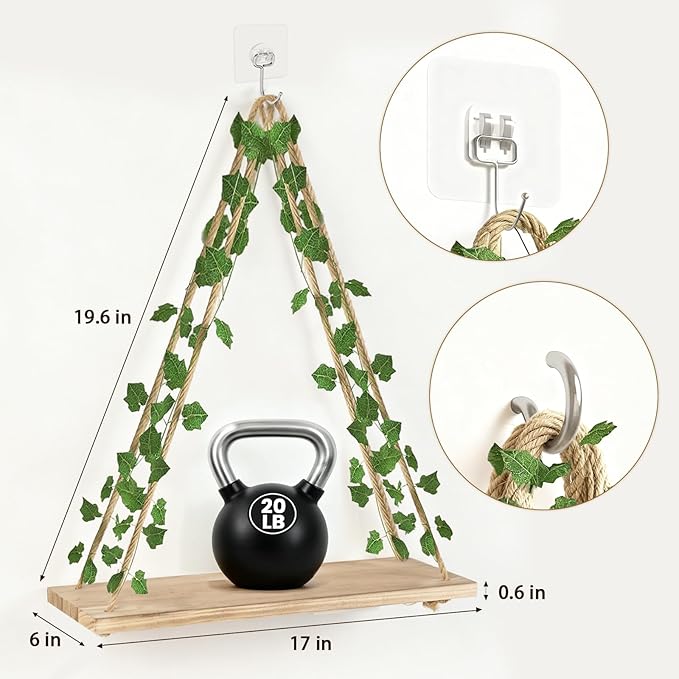 RICHER HOUSE Hanging Floating Shelves No Drill, Macrame Plant Wall Shelf | Boho Trinket Shelf with Artificial Ivy and LED Lights, Cute Wall Art Aesthetic Decor, for Bedroom, Dorm, Two-Way Install