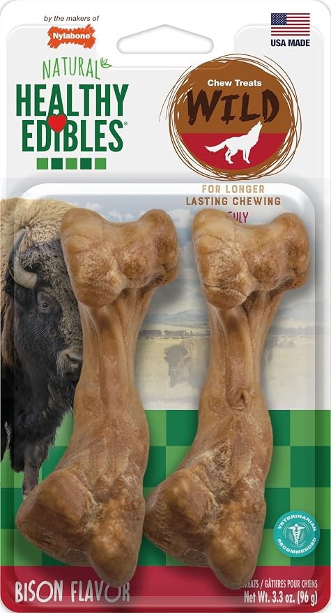 Nylabone Healthy Edibles Wild Dog Treats, Bison Flavor, Medium, 2 Count | Natural dog chew bones, made in USA, highly digestible dog chews, long lasting chews for medium dogs up to 35 lbs