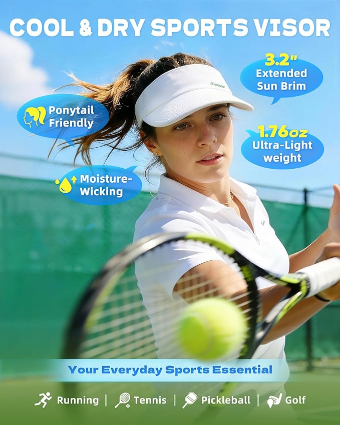 Sun Visor Hats for Women Men - Wide Brim Quick Dry Adjustable Hat | Upf 80+ Sun Protection Sport Hat, Cooling Sweatband; Breathable Quick-Dry Fabric Visors for Running, Tennis, Golf, Sports