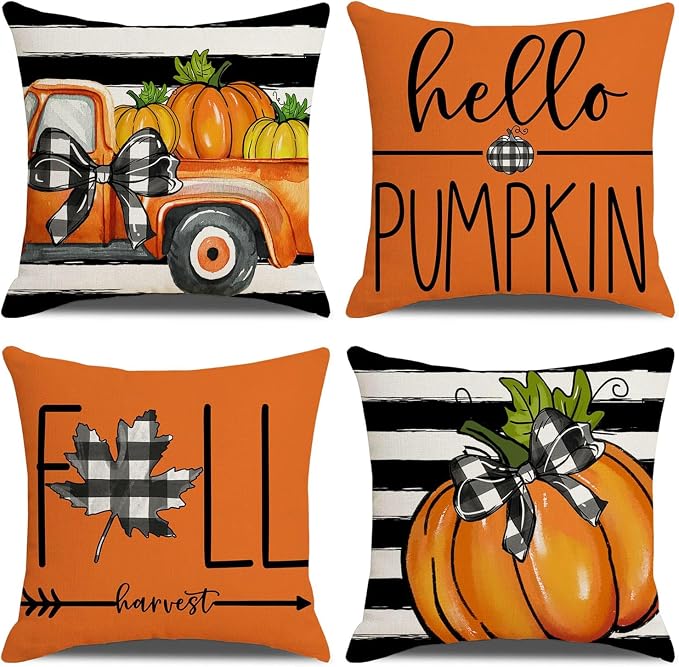 Fall Throw Pillow Covers for Home Strip Pumpkin Pillowcase 18x18 Set of 4 | Hello Pumpkin, Fall Harvest, Vintage Orange Truck, Sofa Covered Patio Farmhouse Thanksgiving Decor Cushion Case