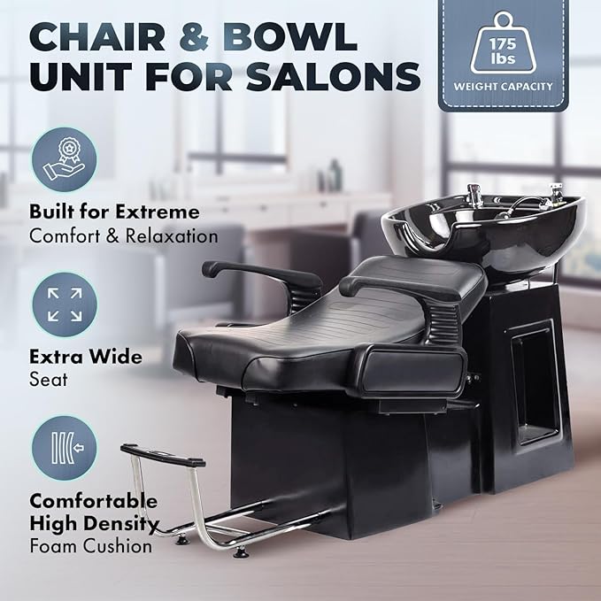 Buy-Rite Lounge Backwash Unit - Black Salon Shampoo Chair with Porcelain Sink, Adjustable Leg & Footrest, Ergonomic Headrest, Single Lever Faucet, Vacuum Breaker, TS-8012
