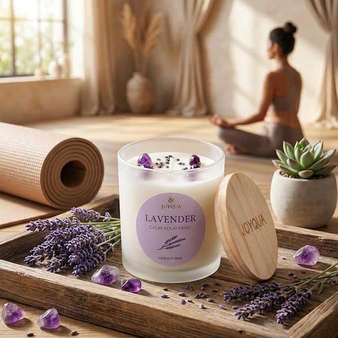 Meditation Candle Gift, 9 oz Lavender Crystal Candle, Wood Lid