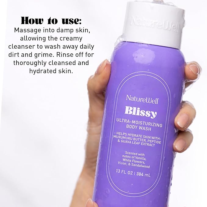 NATURE WELL Blissy Hydrating & Cleansing Body Wash, Infused with Guava Leaf Extract, Murumuru Butter, & Peptides, Scented with Vanilla, White Flowers, Violet, & Sandalwood, 13 Fl Oz