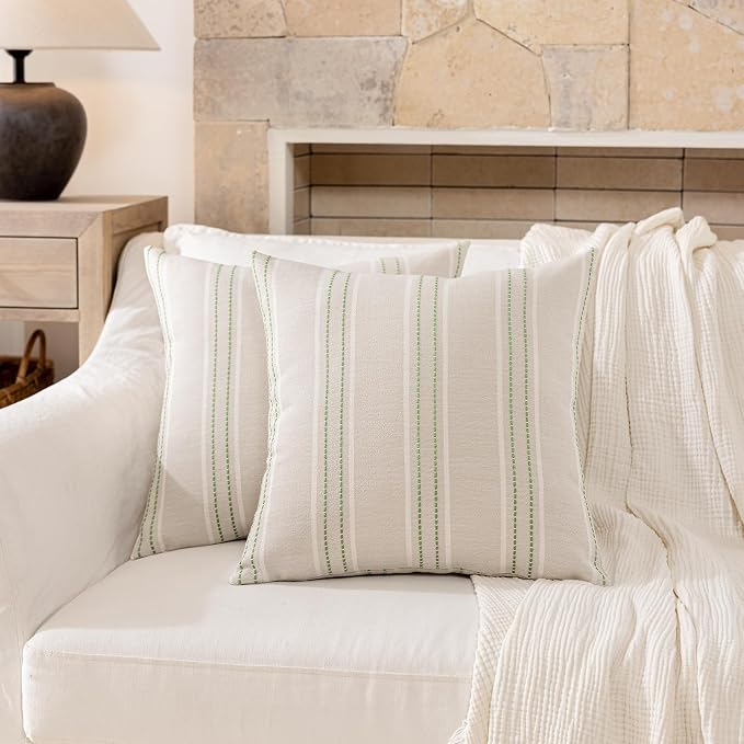 Hckot Stripe Throw Pillow Covers 22x22 Set of 2 Light Green Pillow Covers | Farmhouse Decorative Pillows Textured Linen Square Cushion Covers for Sofa Couch Bed Living Room Decor