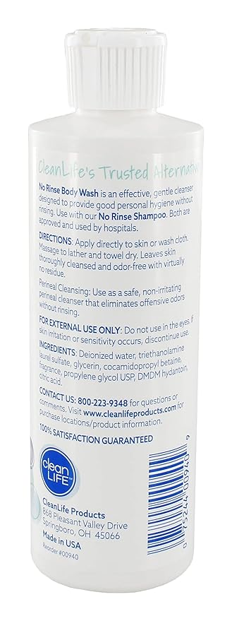 CleanLife Products No-Rinse Body Bath, 8 fl oz (Pack of 2, Makes 16 Complete Baths) – Gentle, Concentrated Liquid Body Wash Made in USA – Ideal for Post-Surgery, Elderly Care, Camping, and Travel