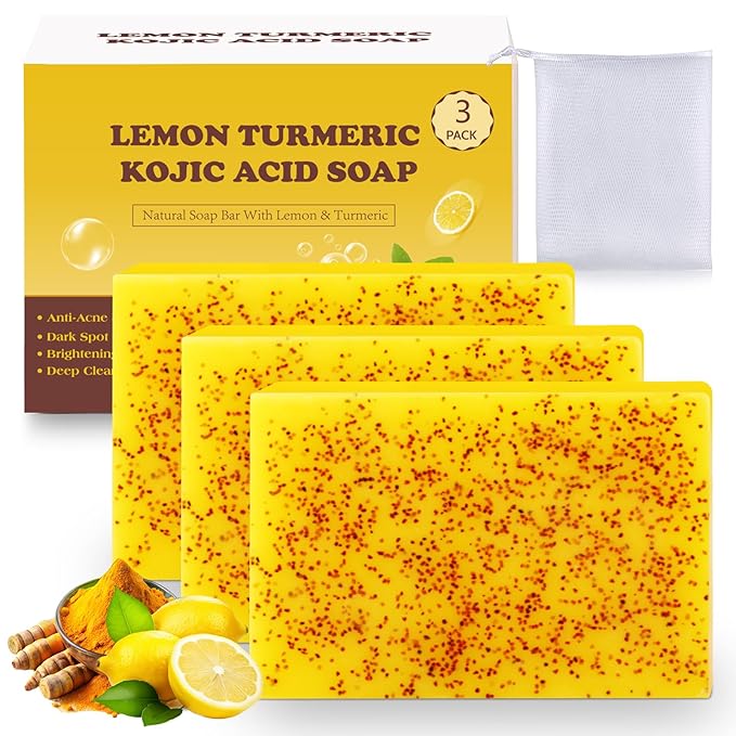 Kojic Soap Bar, Lemon Turmeric Soap Bar with Vitamin C for Dry Sensitive Skin, Turmeric Soap for Face, Body Hands 3 Bars