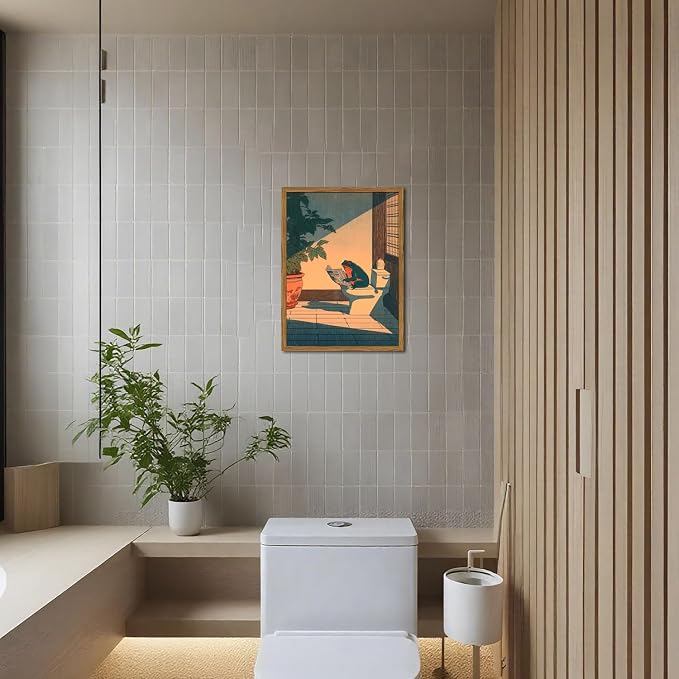 Funny Frog Bathroom Wall Art, Cute Japanese Frog in Toilet Wall Decor, Whimsical Green Animal Restroom Poster Canvas Painting Prints Artwork 16x24 inch Framed