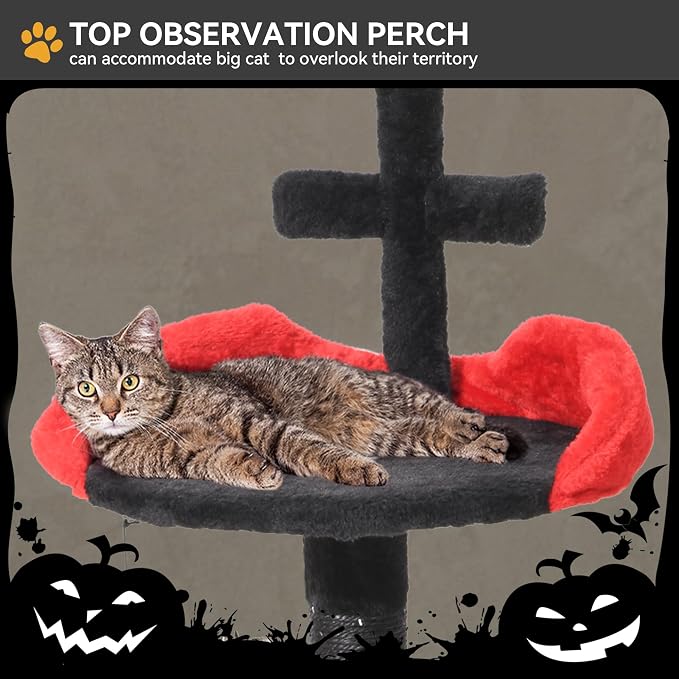 YITAHOME Gothic Cat Tree, 38.6 Inches Gothic Tower Condo with Scratching Post, Cat Tower for Indoor Cats, Sisal Pole, Soft Platform,Spider Hanging Ball, Black and Red