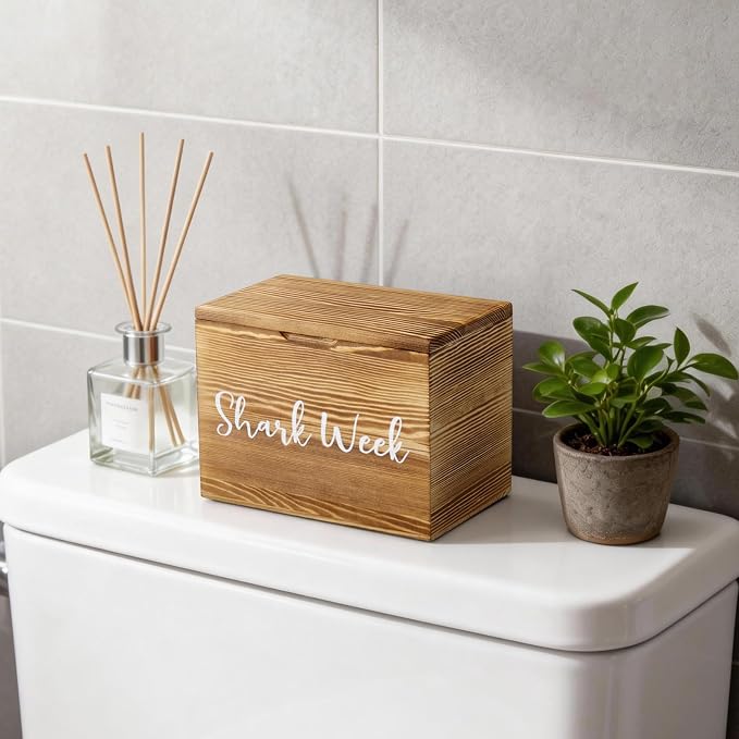 Tampon Holder for Bathroom Decor, Wood Feminine Product Organizer with Lid, Shark Week Tampon Storage, Pad and Tampon Organizer, Brown
