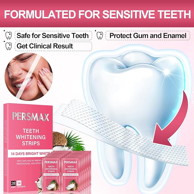 PERSMAX Teeth Whitening Strips for Sensitive Teeth Enamel Safe Smile Whitening Kit, 28 Strips 14 Treatments, No-Slip Remove Coffee Wine Smoking Stains Professional