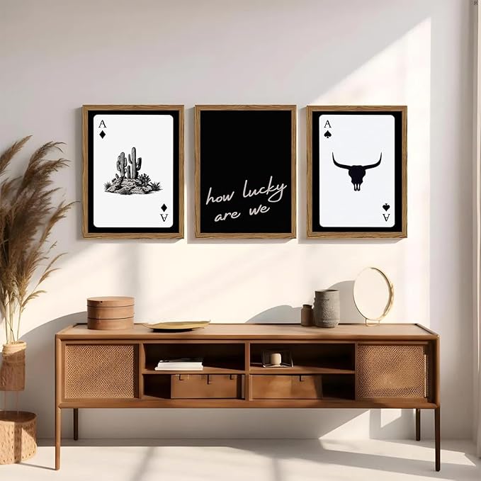 Western Wall Art Set of 3, Southwestern Cowboy Playing Card Wall Decor, Longhorn Bull Skull and How Lucky are We Poster Canvas Painting Prints for Bedroom Living Room 16x24 inch Wood Framed