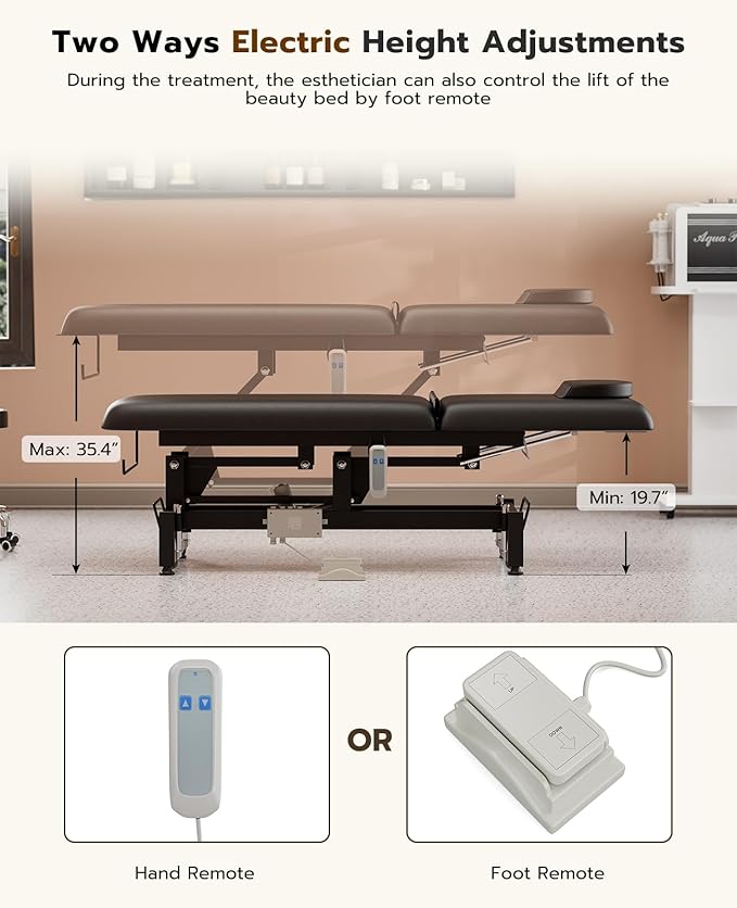Icoget Electric Lift Massage Table for Esthetician, Facial Beds Treatment Table for Salon, Professional Physical Therapy Table Waxing Beds w/Adjustable Backrest, Stool Included, Black
