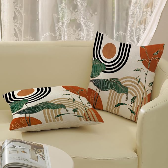 Boho Orange Pillow Covers 18x18 Set of 2 Green Gold Leaf Tropical Mid Century Throw Pillows Outdoor Bohemian Modern Decorative Pillowcase Farmhouse Linen Cushion Case for Couch Sofa Decor