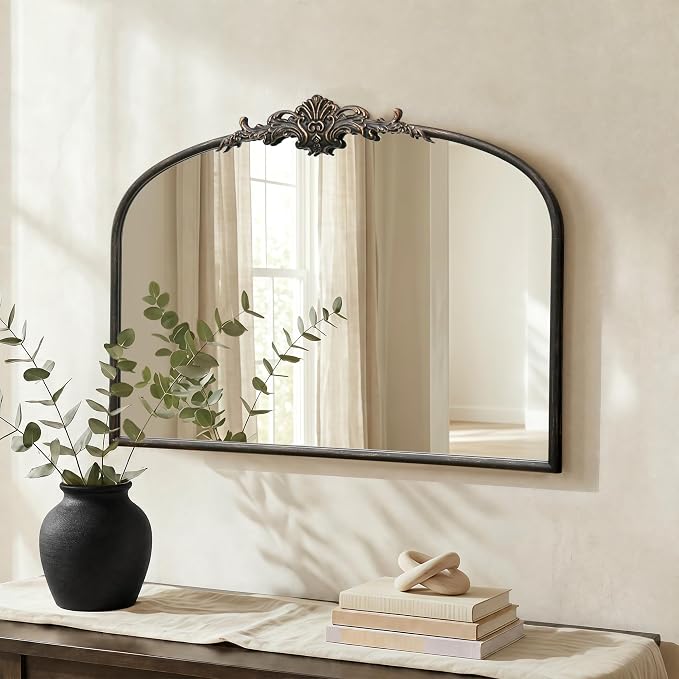 Besdomus Antique Black Wall Mirror: 32"x24" French Ornate Decorative Mirror | Vintage Baroque Ornate Arched Metal Framed for Mantel/Hallway/Bathroom Vanity/Dresser - Ideal Gifts for Housewarming/Birthday