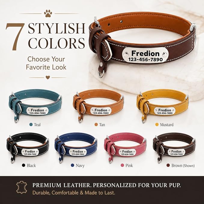 Personalized Leather Dog Collar with AirTag Holder Case, Custom Engraved Nameplate Dog Collar, Adjustable Genuine Leather Soft Padded Dog ID Collar for X-Small Small Dogs-Brown Padded-XS