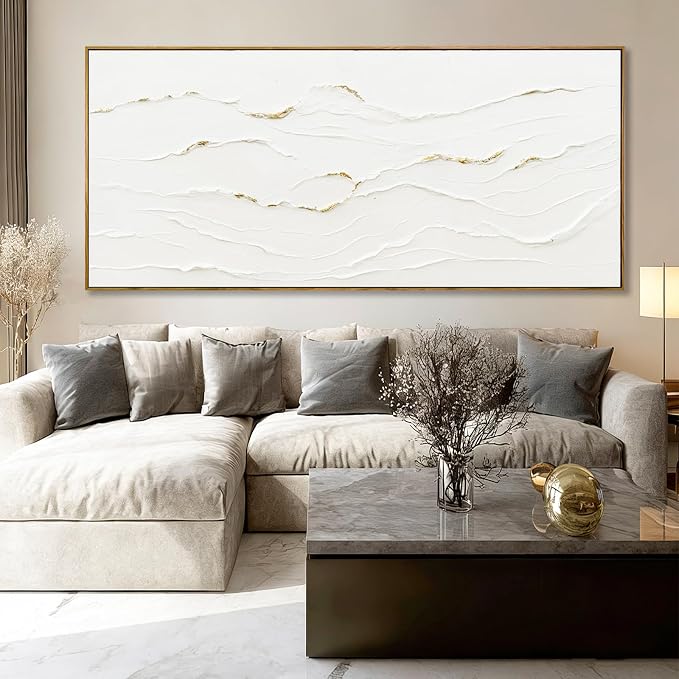 Extra Large Framed White Gold Textured Wall Art for Living Room 32x70 Inch
