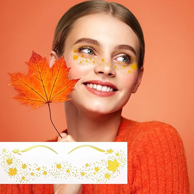 Maple Leaf Freckle Temporary Tattoos - Gold Glitter Face & Body Stickers for Women, Girls, Canadian Party Festival Makeup, Fall Autumn Thanksgiving Decoration Supplies (8 Sheets)