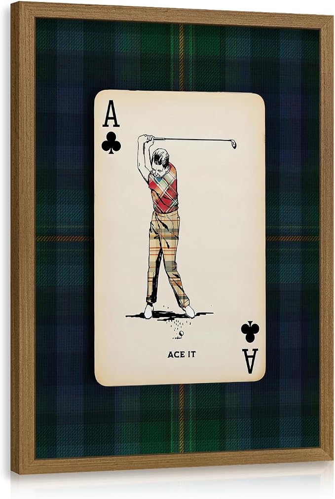 VziizV Vintage Golf Wall Art, Playing Card Golfer Wall Decor, Retro Plaid Sports Artwork, Rustic Farmhouse Golf Poster Print for Office Man Cave Game Room Living Room Wood Framed 16x24 Inch