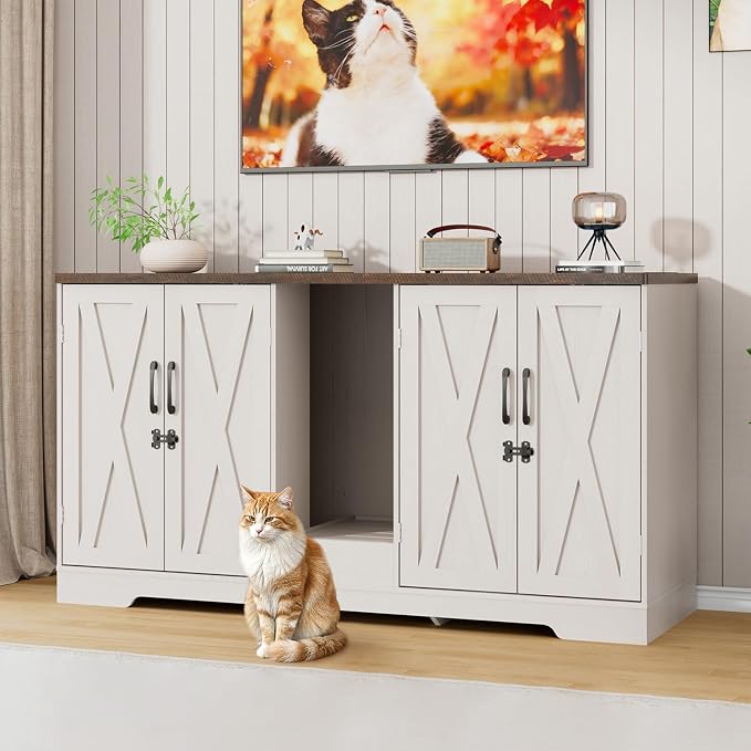 59.1" Cat Litter Box Enclosure for 2 Cats, Hidden Litter Box Furniture with Power Outlet & Removable Hallway, Lockable Door & Anti-Tip Design, Farmhouse Litter Box Cabinet with Magnetic Door, White