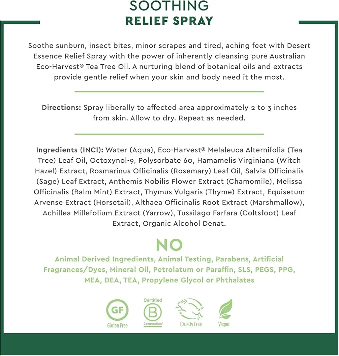 Desert Essence Relief Spray - 4 Fl Oz - Antiseptic Eco-Harvest Tea Tree Oil & Other Essential Oils - Natural First Aid - Minor Burns - Sunburn - Insect Bites - Scrapes - May Comfort Aching Feet
