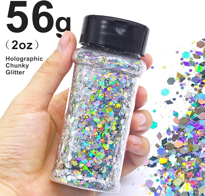 Silver Holographic - Craft Glitter - 2oz Glitter Shaker Bright Colorful Mix Chunky Body Glitter Bulk - 24 Colors in Shaker, Cosmetic Grade Glitter - EBKC23
