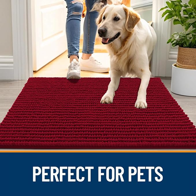 OLANLY Dog Door Mat for Muddy Paws 24x16, Extra Absorbent Chenille Mud Mat | Red, Absorbs Moisture and Dirt, Non-Slip Machine Washable Doormat, Quick-Drying Indoor Entryway Floor Mat for Dogs