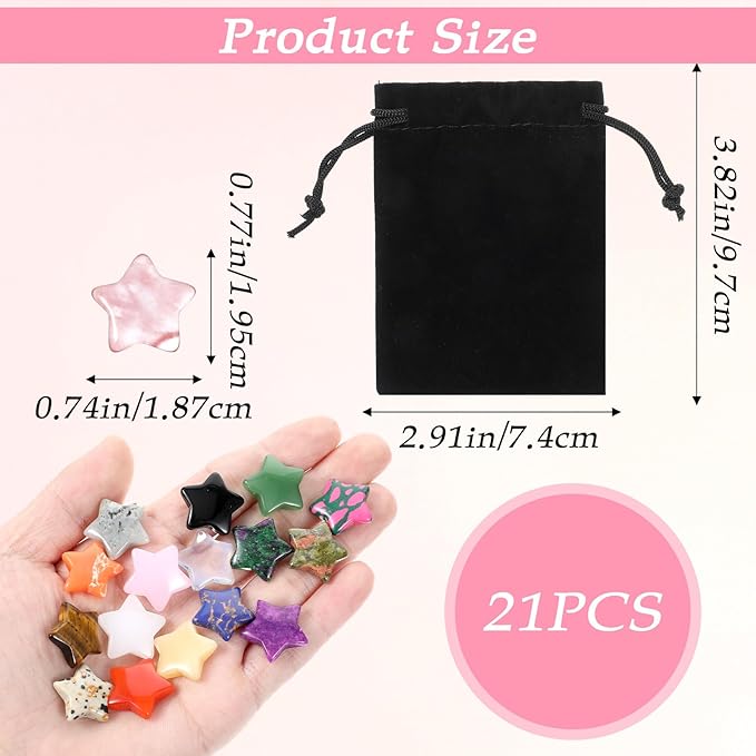21 Pcs Star Crystals Natural Healing Worry Stones Set Polished Chakra Assorted Gemstones DIY Little Jewelry Decor for Meditation Protection Sacred Reiki Witchy Spiritual Energy Balancing