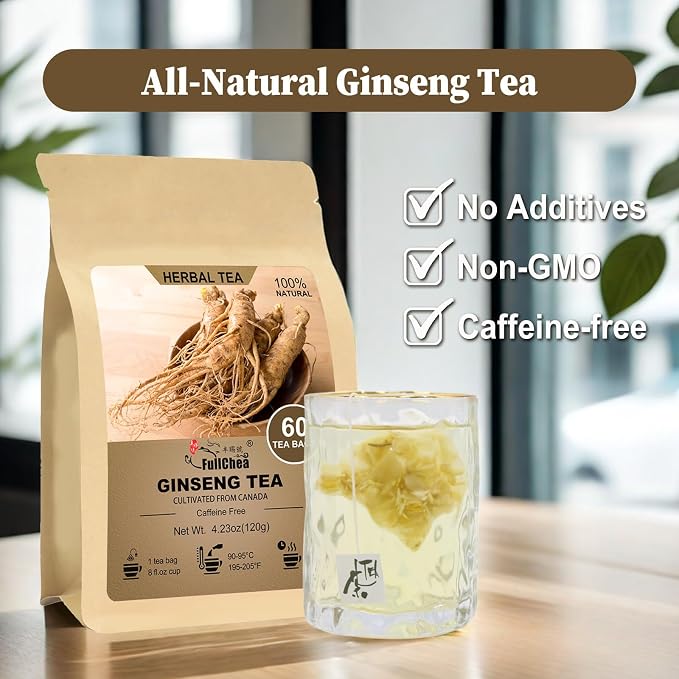 FullChea - Ginseng Tea bags, 60 Teabags - Pure Ginseng Root Tea - Caffeine-Free Herbal Tea with Wellness Support