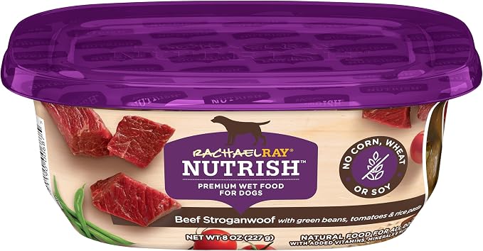 Nutrish Beef Stroganwoof Wet Dog Food, 8 oz. Tub (Pack of 8) (Rachael Ray) | Made with Green Beans, Tomatoes & Rice Pasta, No Artificial Flavors, No Added Corn, Wheat or Soy Ingredients