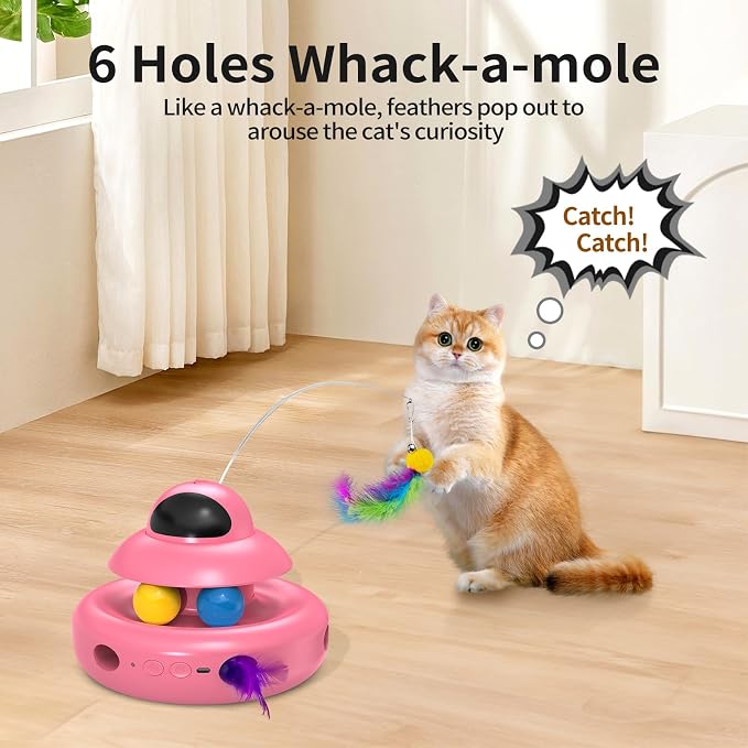 MOHAYA Automatic Cat Toys,4-in-1 InteractiveCat Toys for Bored Indoor Adult Cats, Electric Flying Butterfly,Rechargeable Moving Ambush Feather,Pink Kitter Toy Track Balls
