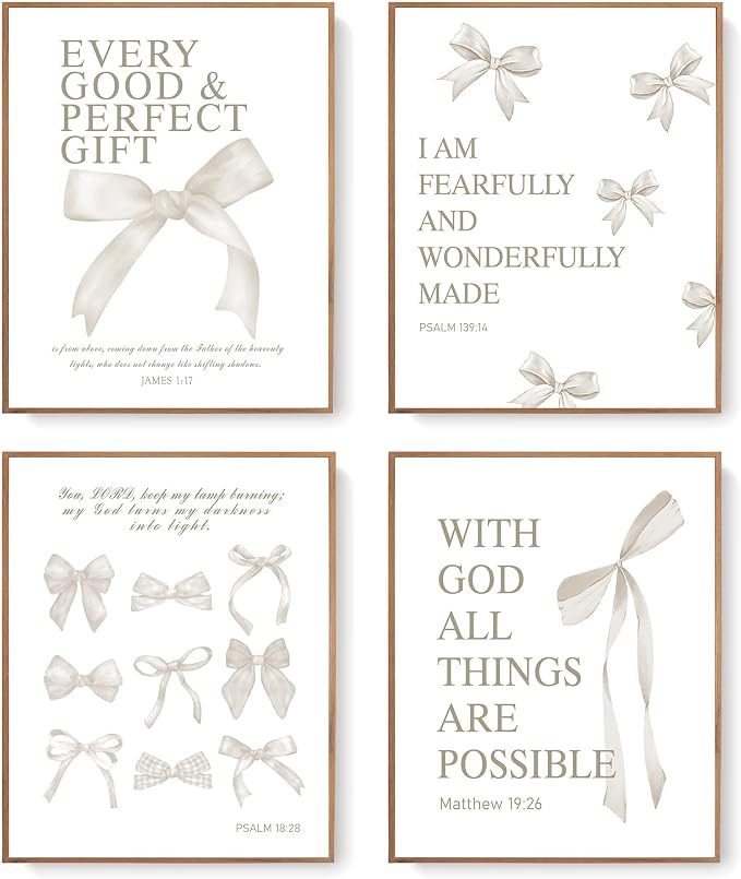 LARTSFRO Coquette Beige Bow Christian Wall Art Decor Posters, Beige Bow Christian Room Bedroom Bathroom Dorm Wall Art Decor Aesthetic for Women College Teen Girls Gifts, Inspirational Bible Verses Bow Wall Decor, 10x8 Inch Set of 4 Pcs Bow Pictures (UN...