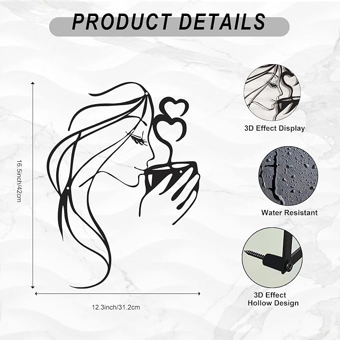 Coffee Metal Wall Art, 3D Woman Drinking Sculpture for Kitchen Decor, Black | Charming 3D black metal sculpture of a woman sipping coffee, perfect coffee-themed accent for kitchens or breakfast nooks